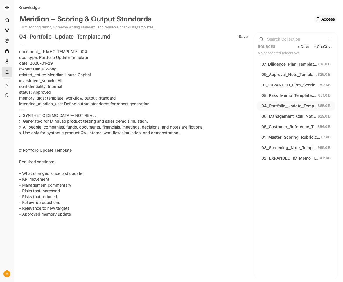 MindLab Firm Knowledge: the Meridian scoring-and-output-standards collection with the firm scoring rubric, IC memo writing standard, and two sector theses uploaded as sources.