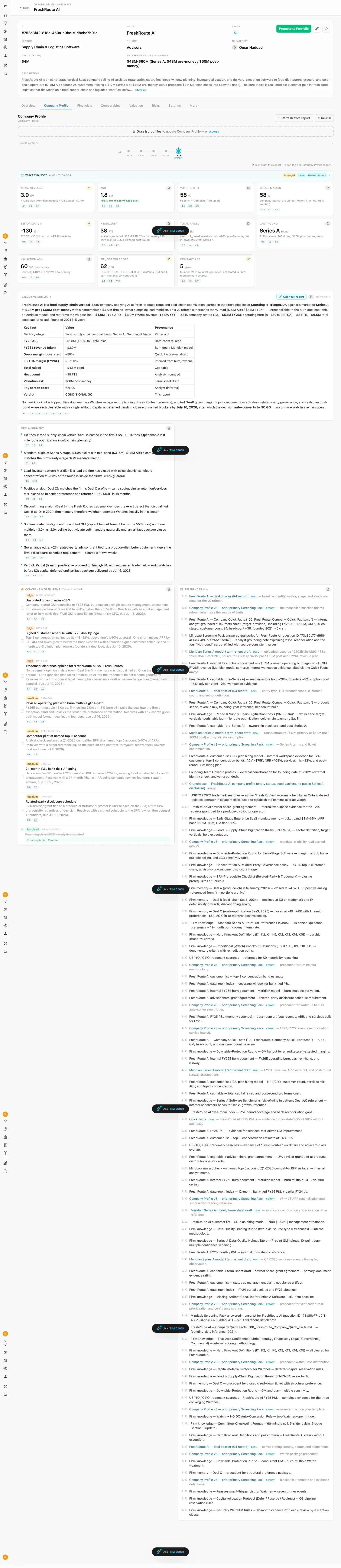 The FreshRoute AI Company Profile dashboard fully built: Refresh-from-report and Re-run actions, the report versions timeline with a primary version, cited metric cards, a what-changed comparison, and a source-referenced executive summary.