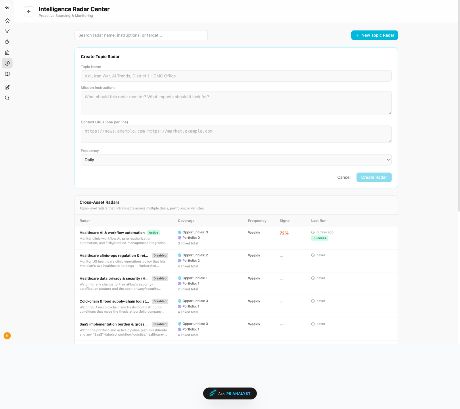 MindLab Intelligence Radar Center: the Create Radar form with instructions, context URLs, run frequency, and the firm's list of cross-company Radars.